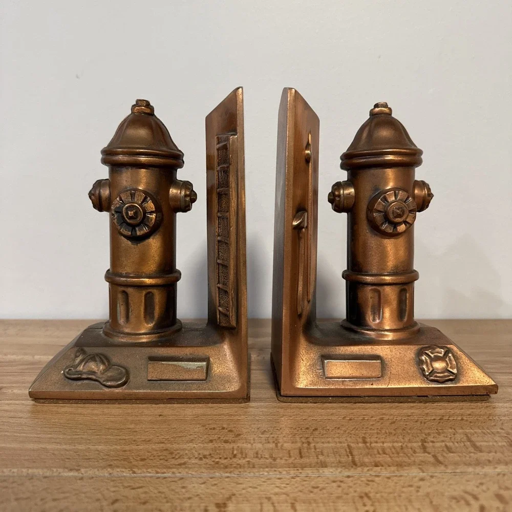 Vintage Pair Fire Hydrant Fireman Metal Bookends Copper Finish 7.5 inch Tall